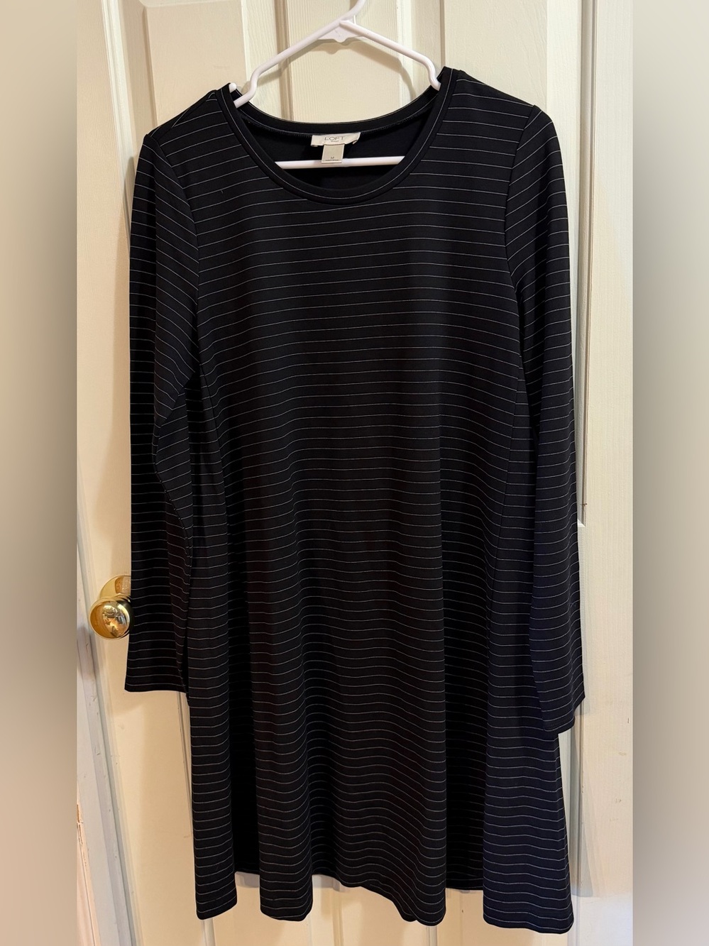 LOFT Black & White Micro Stripe Long Sleeve Shift Dress | Quiet Luxury Academia